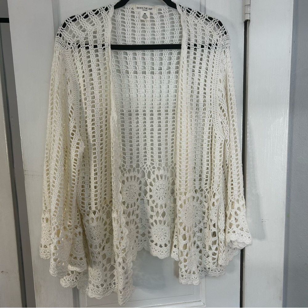 Skye's the Limit White Cardigan with Lace Scalloped Hem
